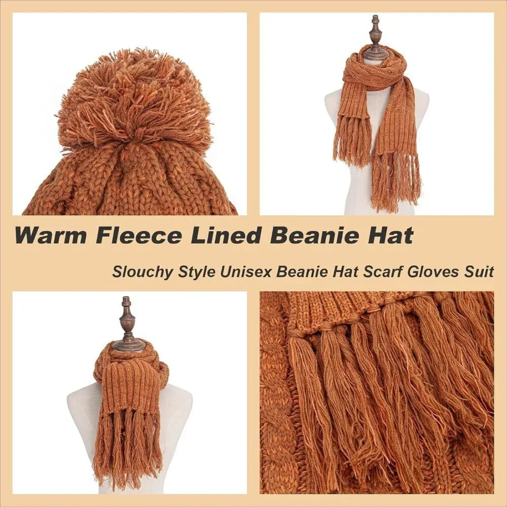 Womens Knit Beanie Hat Scarf Gloves Set Winter Warm Accessories for Cold Weather